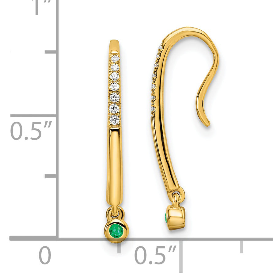 14k Polished Diamond and Emerald Drop Wire Earrings (1.05 grams)