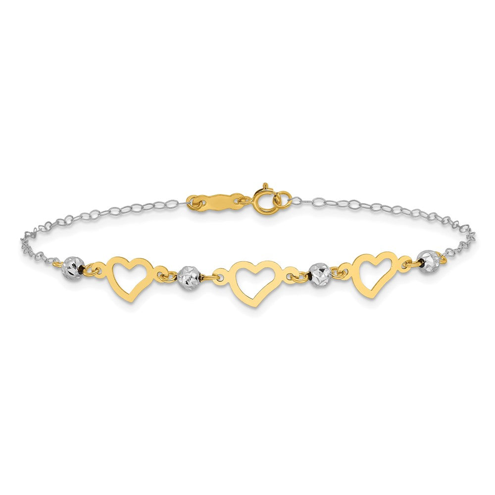 14K Two-tone Hearts and Diamond-cut Beads 7.5 inch Bracelet (0.9 grams)
