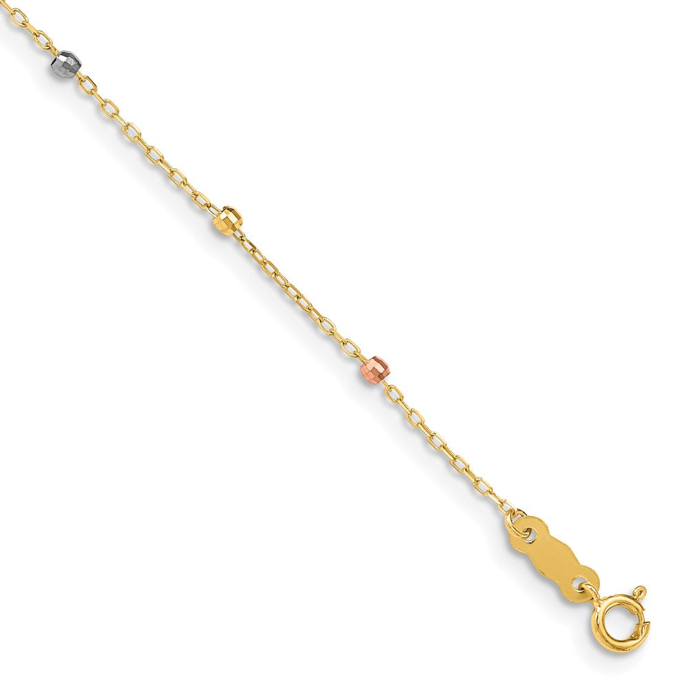 14k Tri-Color 3 mm Tri Colored Gold Diamond Cut Beaded Cross W/1 IN Ext Bracelet