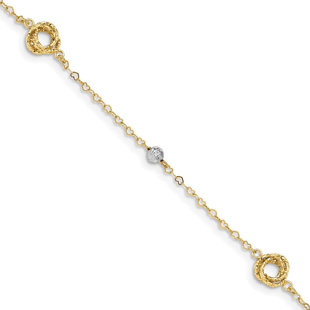 14k Two-tone 5.5 mm Love Knots on Small Heart Link Bracelet (1.32 grams)