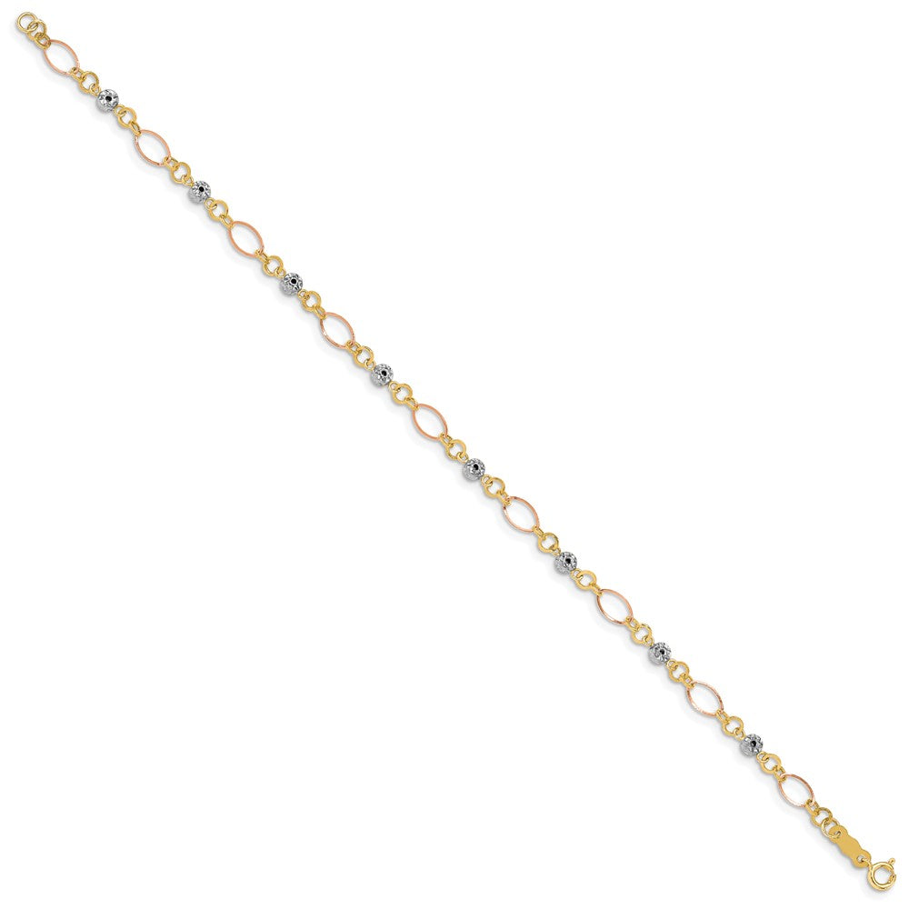 14k Tri-Color 3 mm  Polished Diamond-cut Ovals & Donut Beads Bracelet