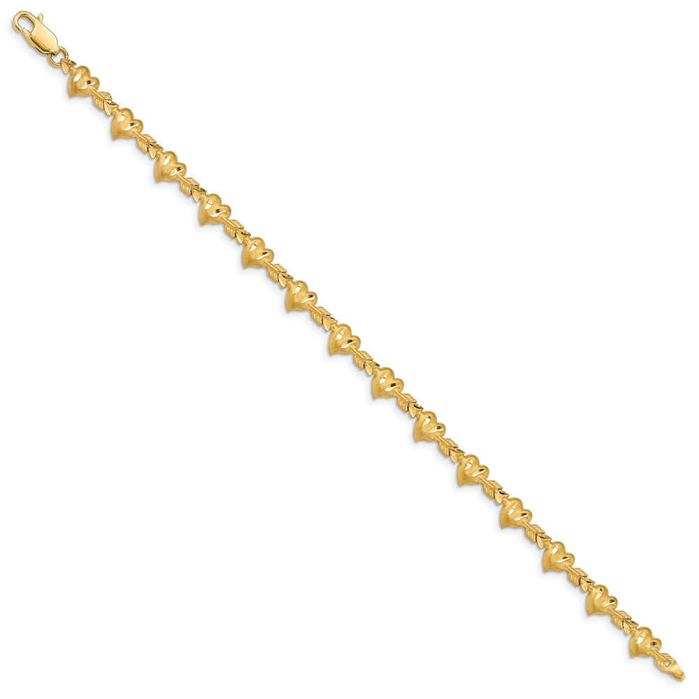 14k Yellow Gold 6 mm Satin Diamond-cut Heart with Arrow inch Bracelet