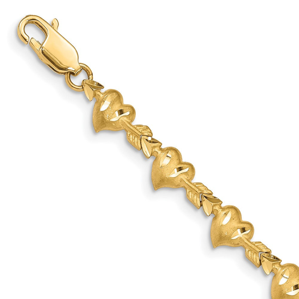 14k Yellow Gold 6 mm Satin Diamond-cut Heart with Arrow inch Bracelet