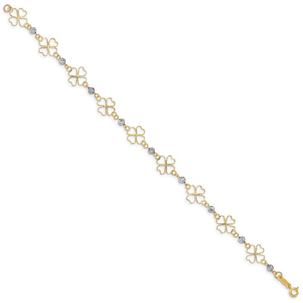 14k Two-tone 9 mm Diamond-cut Open Clovers & Beads Bracelet