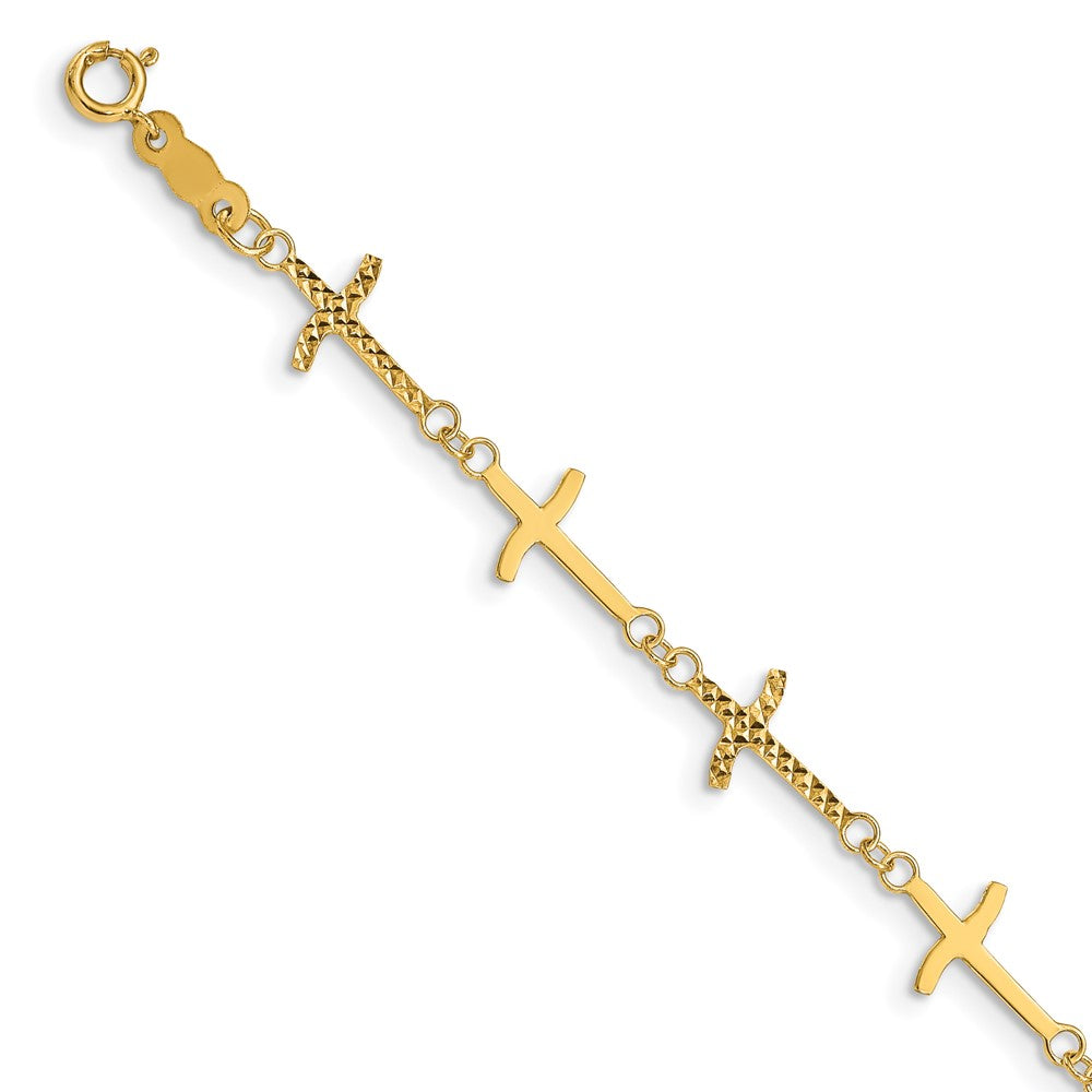 14k Yellow Gold 7 mm Polished Diamond-cut Crosses w/1in. Ext. Bracelet