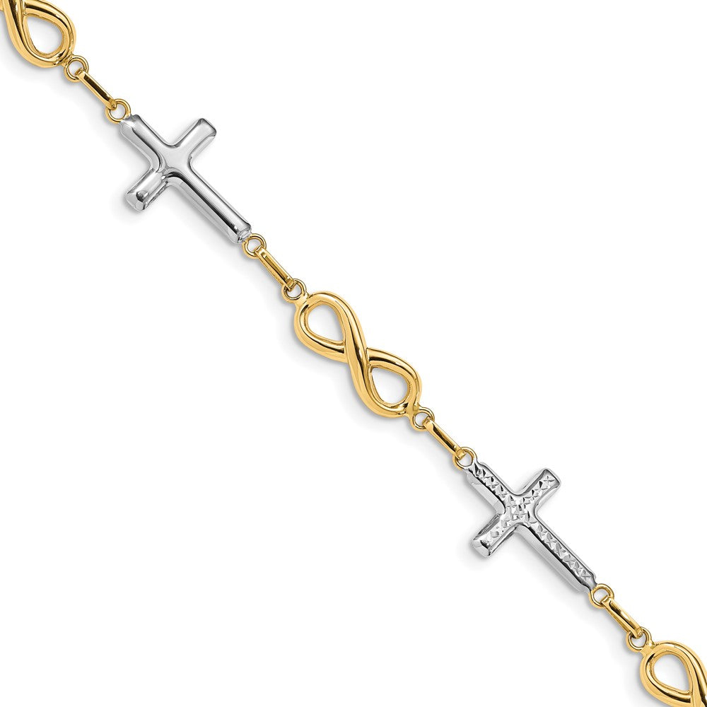 14K with White Rhodium Polished Cross and Infinity Symbol Link 7.25 inch Bracelet (3.69 grams)