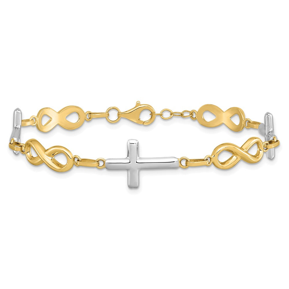 14K with White Rhodium Polished Cross and Infinity Symbol Link 7.25 inch Bracelet (3.69 grams)
