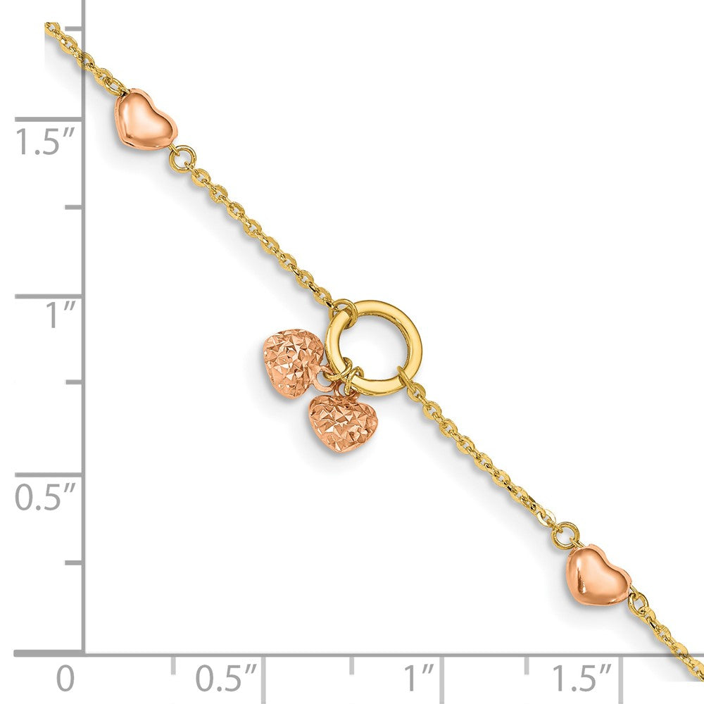 14k Two-tone 2 mm Diamond-cut Hearts w/1in Ext. Bracelet (1.73 grams)