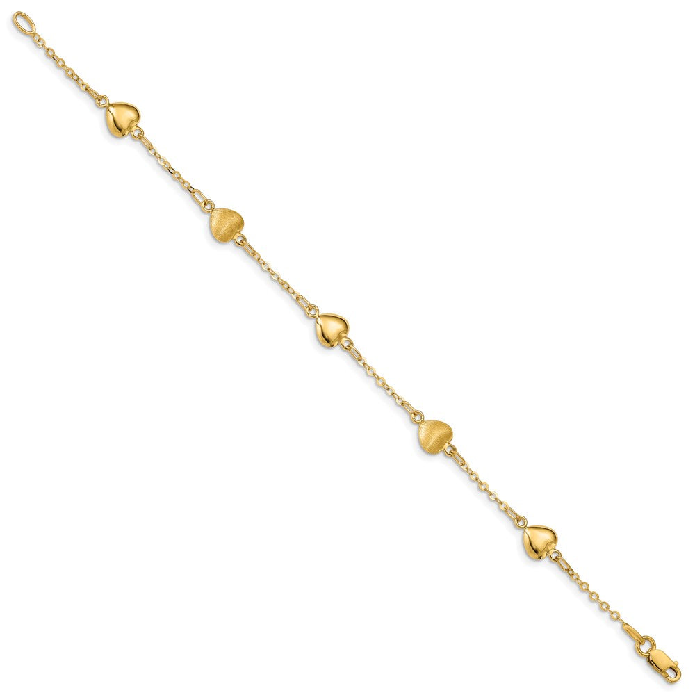 14k Yellow Gold 7 mm Brushed & Polished Hearts inch Bracelet (2.91 grams)