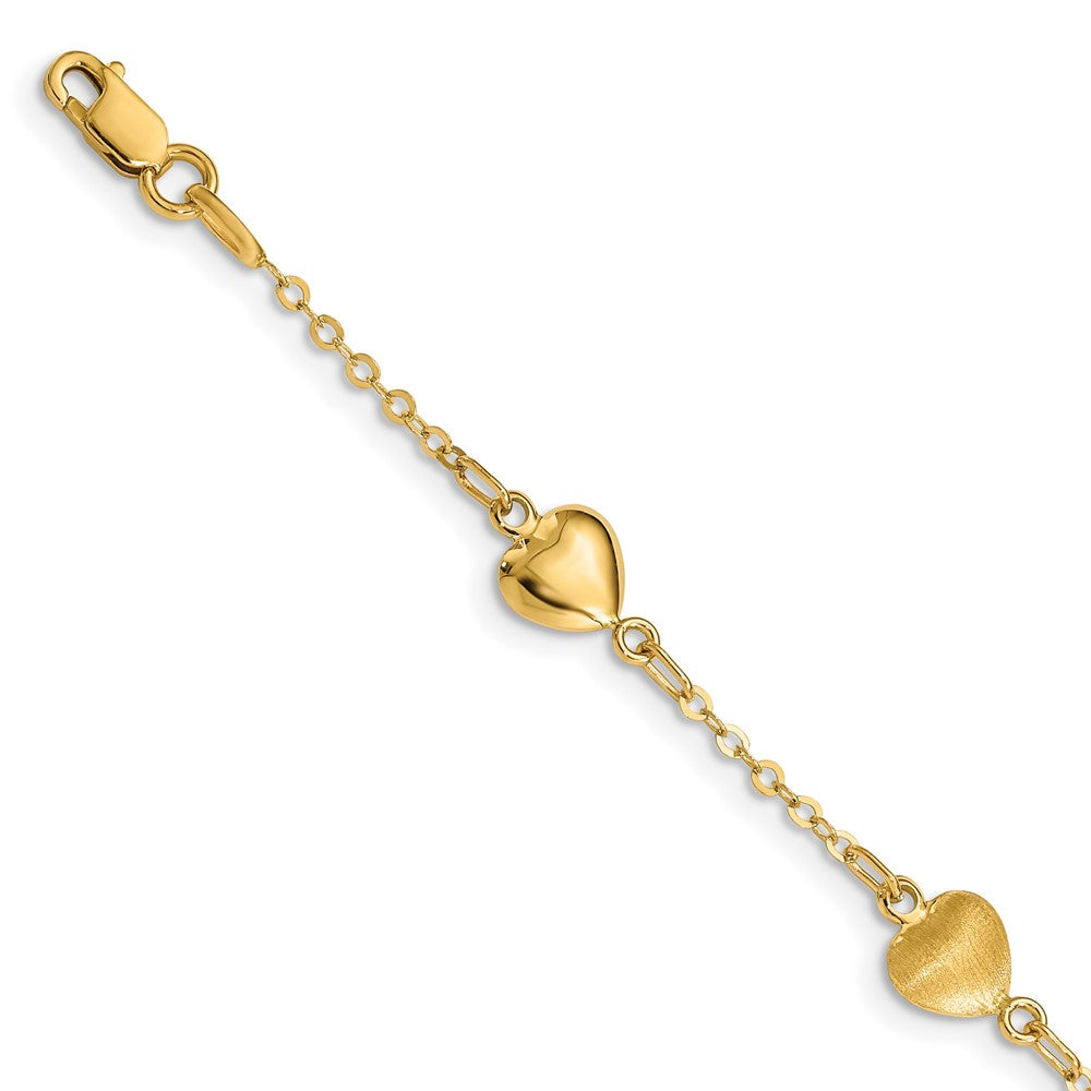 14k Yellow Gold 7 mm Brushed & Polished Hearts inch Bracelet (2.91 grams)