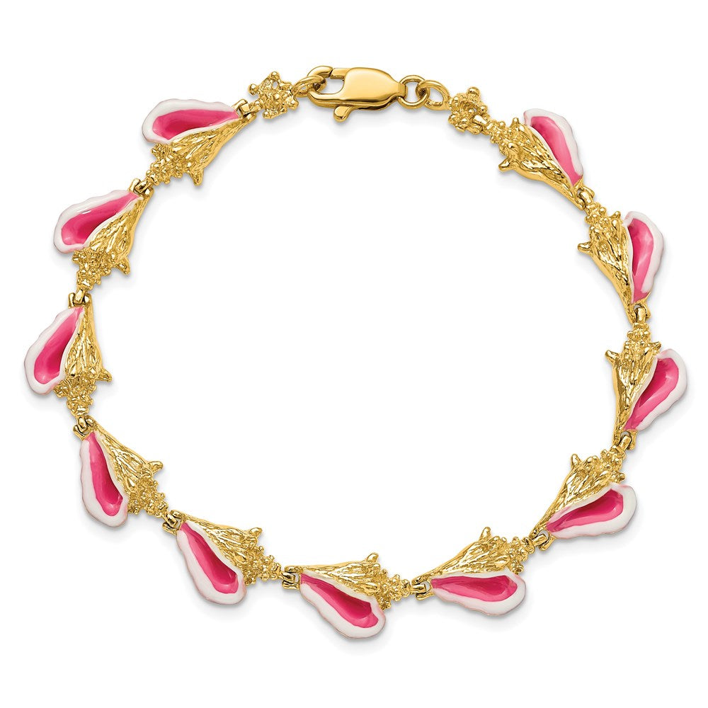 14k Yellow Gold 9.7 mm Enamel 3-D Conch Shell Bracelet (17.84 grams)