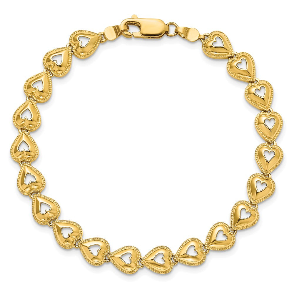 14k Yellow Gold 6.77 mm Polished Beaded Hearts Bracelet (7.92 grams)