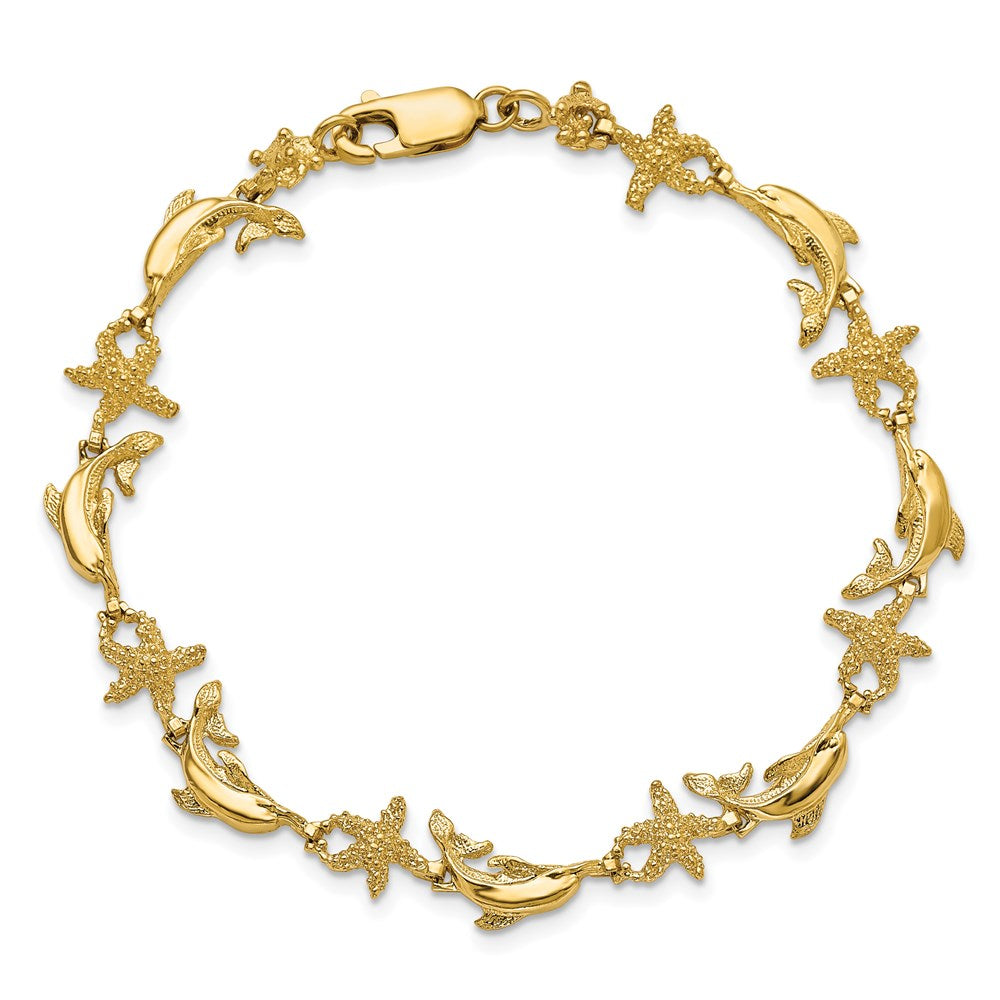 14k Yellow Gold 8.35 mm Dolphin and Starfish Bracelet (7.3 grams)