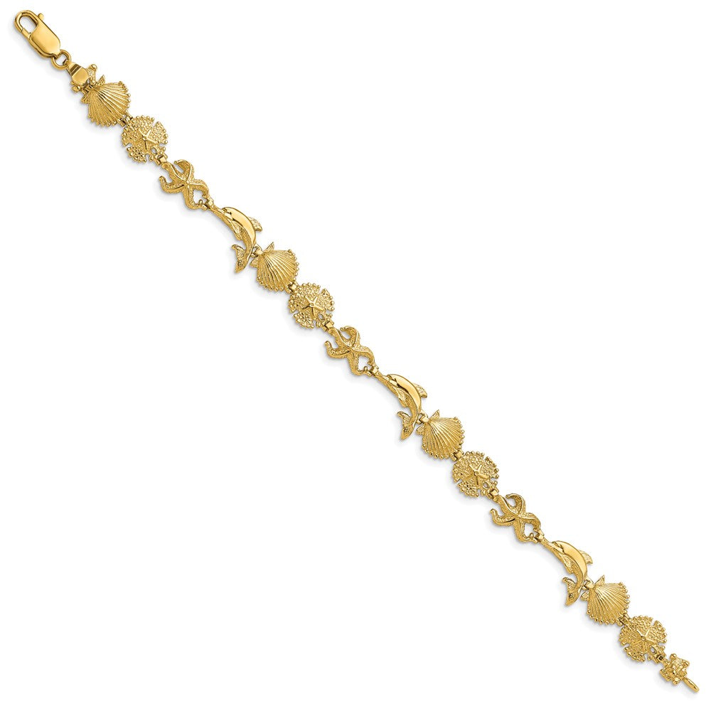 14k Yellow Gold 9.42 mm Dolphin and Sea Shells Bracelet (8.01 grams)