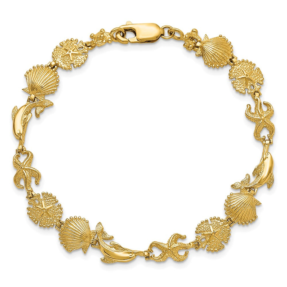 14k Yellow Gold 9.42 mm Dolphin and Sea Shells Bracelet (8.01 grams)