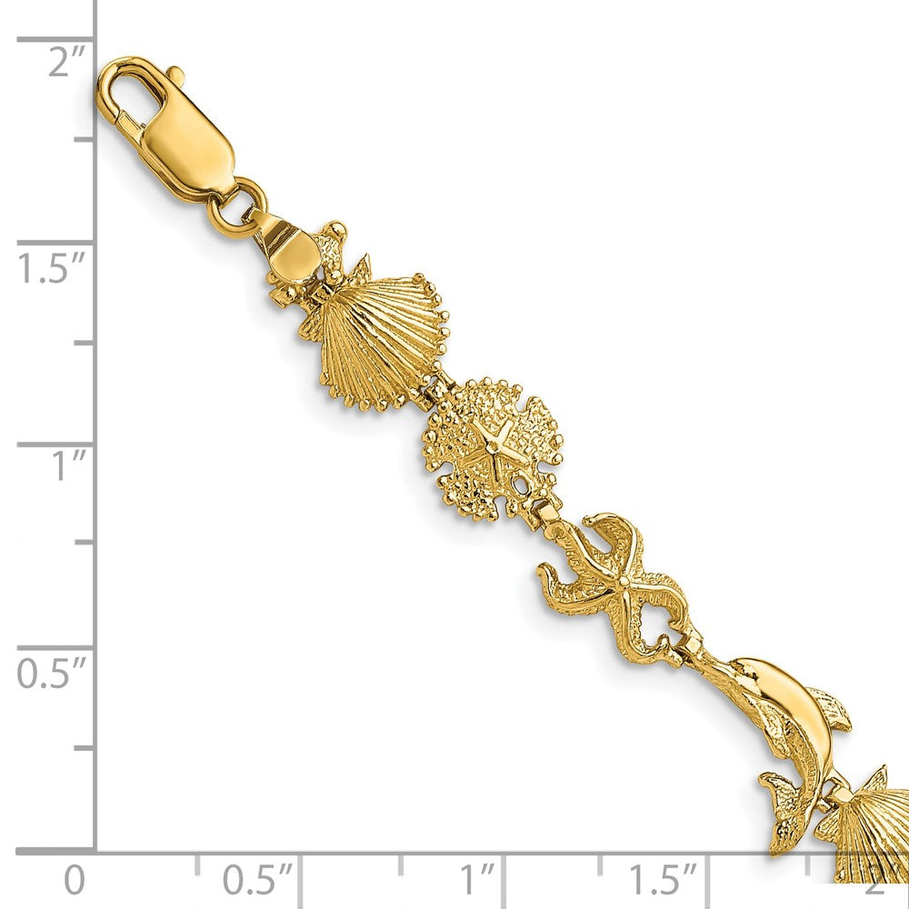 14k Yellow Gold 9.42 mm Dolphin and Sea Shells Bracelet (8.01 grams)