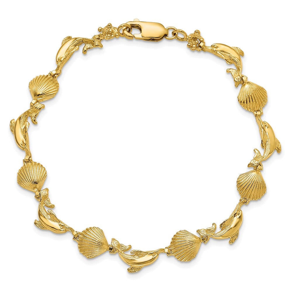 14k Yellow Gold 8.17 mm Dolphin and Shell Bracelet (7.34 grams)