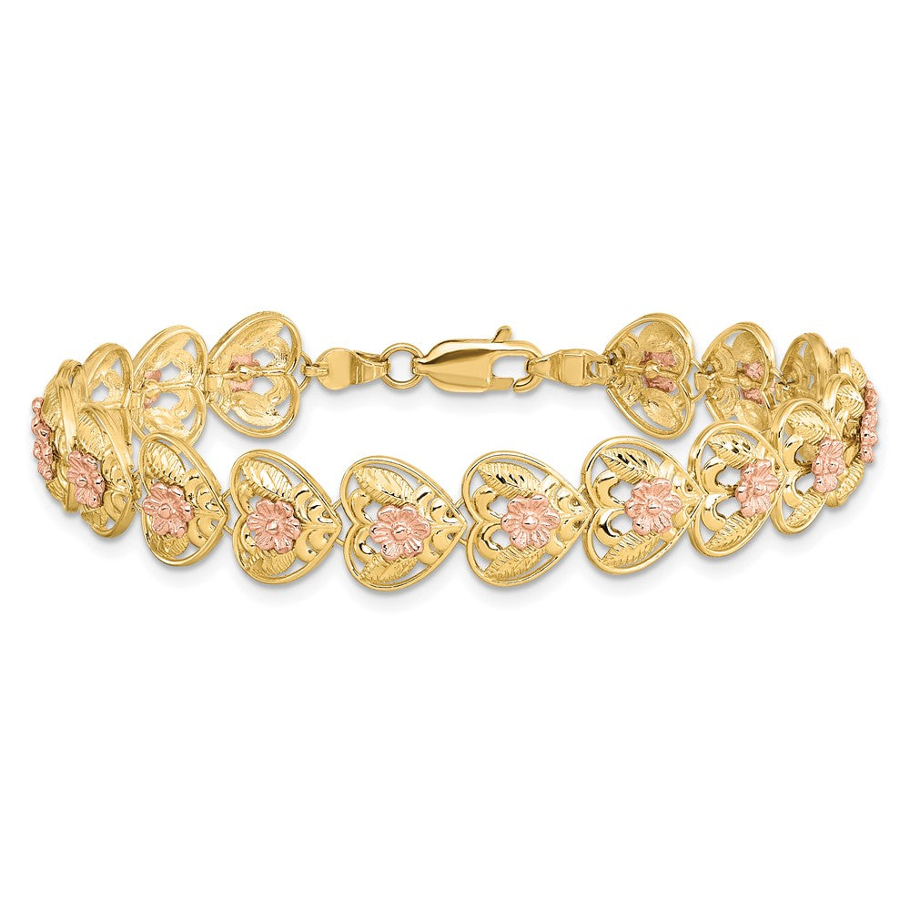 14k Two-tone 9.1 mm D/C Heart w/Flowers in Bracelet (7.92 grams)