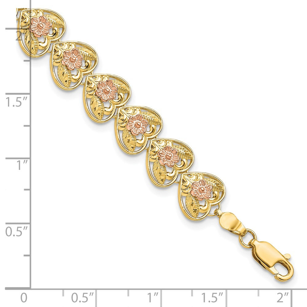 14k Two-tone 9.1 mm D/C Heart w/Flowers in Bracelet (7.92 grams)