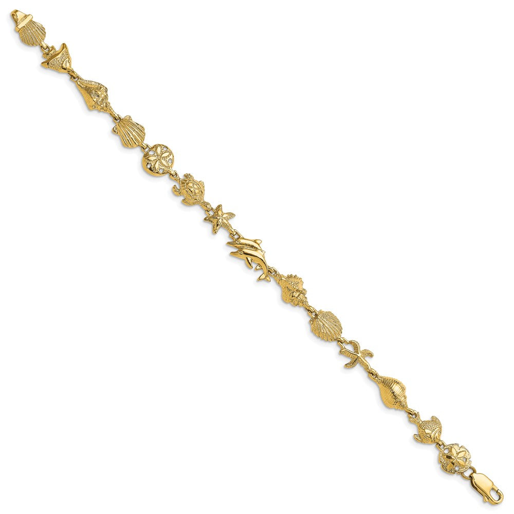 14k Yellow Gold 8.75 mm Nautical Combination w/ Dolphins Link Bracelet (7.96 grams)