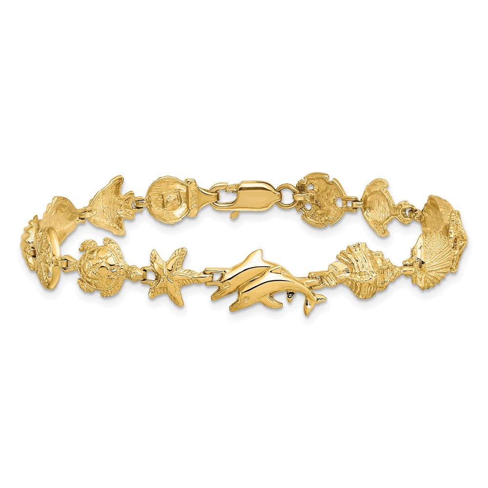 14k Yellow Gold 8.75 mm Nautical Combination w/ Dolphins Link Bracelet (7.96 grams)