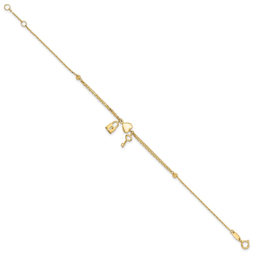 14k Yellow Gold 8 mm Polished and Diamond-cut Heart Lock and Key w/ .5in ext. Bracelet