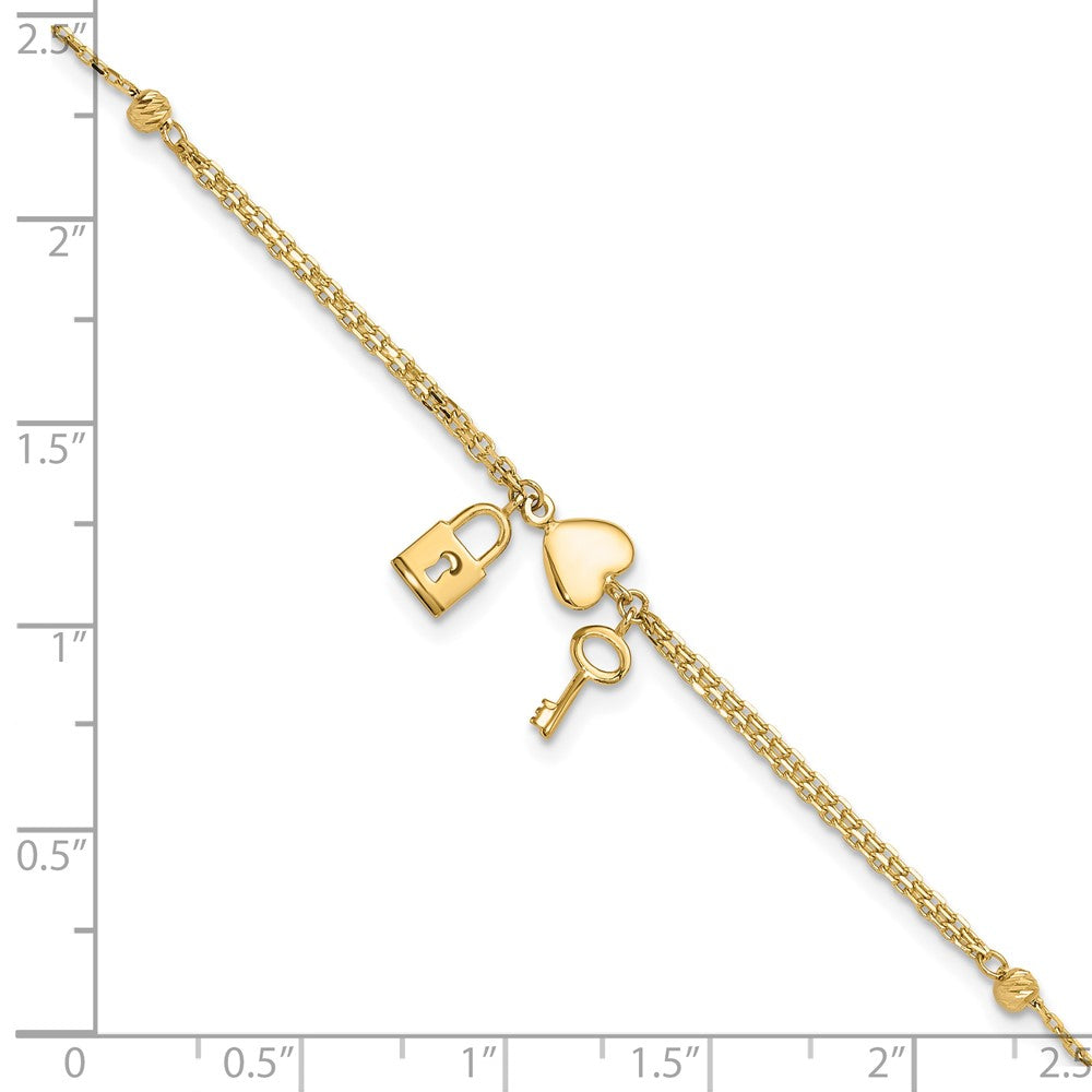 14k Yellow Gold 8 mm Polished and Diamond-cut Heart Lock and Key w/ .5in ext. Bracelet