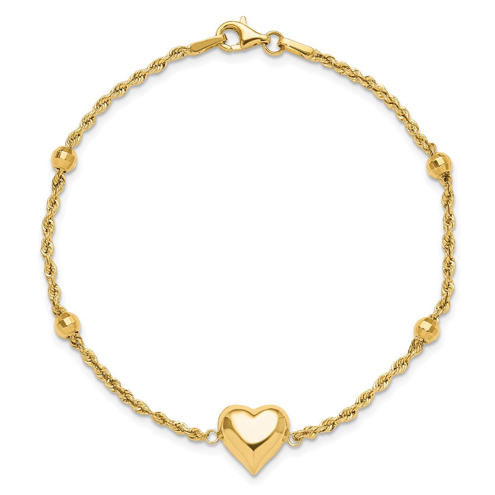 14k Yellow Gold 2.25 mm Polished and D/C Beaded Puff Heart in Bracelet