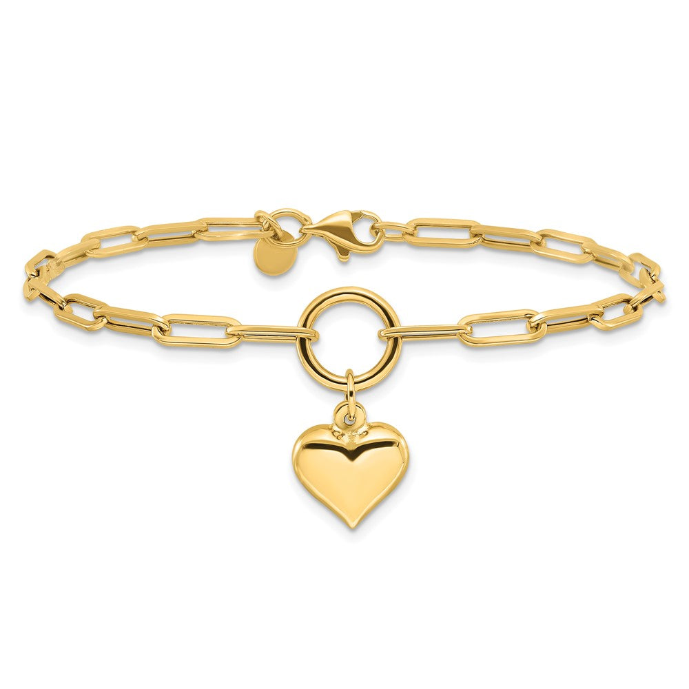 14k Yellow Gold 12.3 mm Polished Puff Heart Paper Clip Link Bracelet