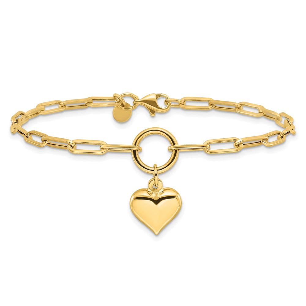 14k Yellow Gold 12.3 mm Polished Puff Heart Paper Clip Link Bracelet (2.56 grams)