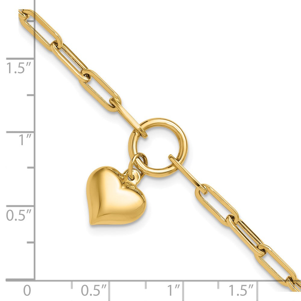 14k Yellow Gold 12.3 mm Polished Puff Heart Paper Clip Link Bracelet (2.56 grams)