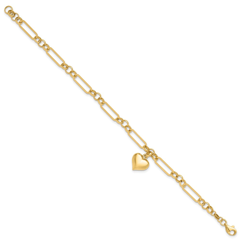 14k Yellow Gold 12.3 mm Polished Heart Charm Bracelet (4.84 grams)