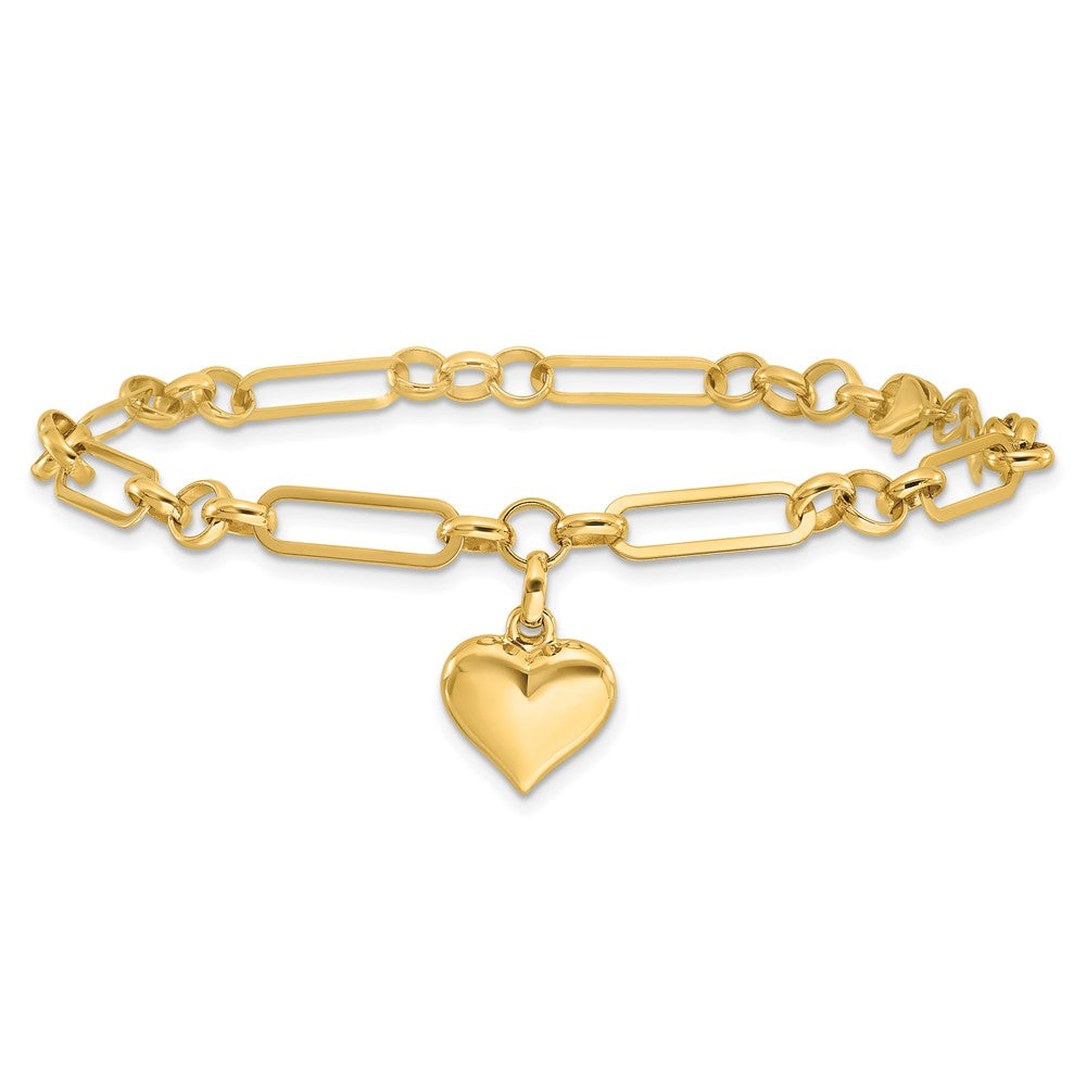 14k Yellow Gold 12.3 mm Polished Heart Charm Bracelet (4.84 grams)