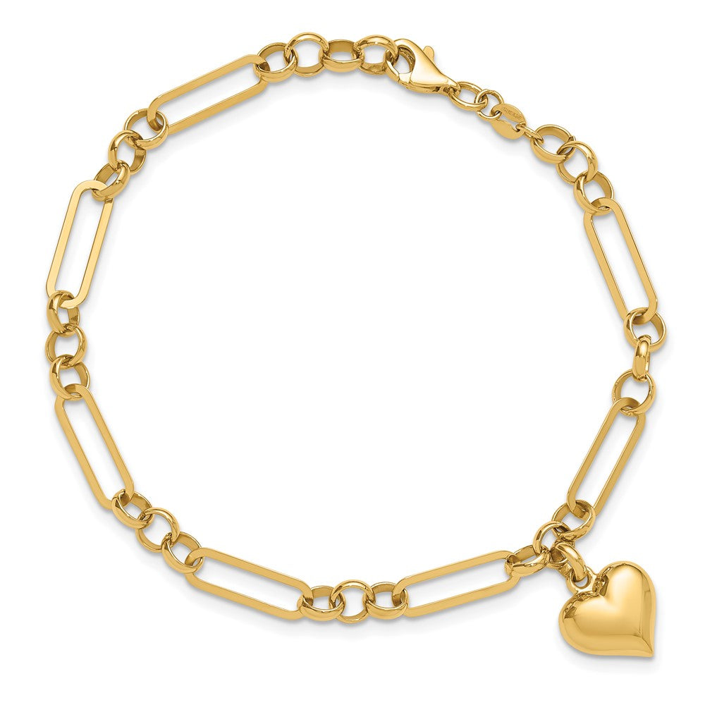 14k Yellow Gold 12.3 mm Polished Heart Charm Bracelet (4.84 grams)