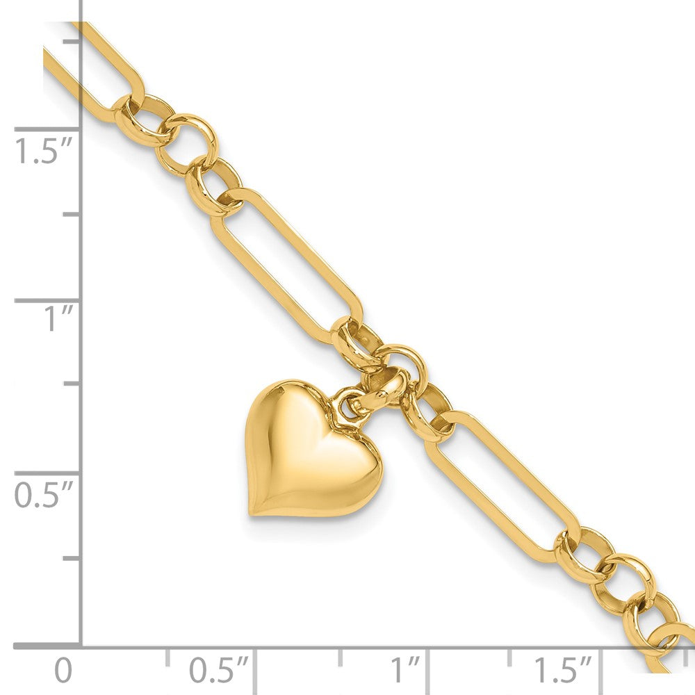 14k Yellow Gold 12.3 mm Polished Heart Charm Bracelet (4.84 grams)