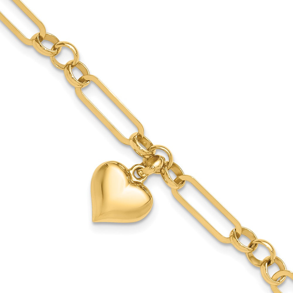 14k Yellow Gold 12.3 mm Polished Heart Charm Bracelet (4.84 grams)