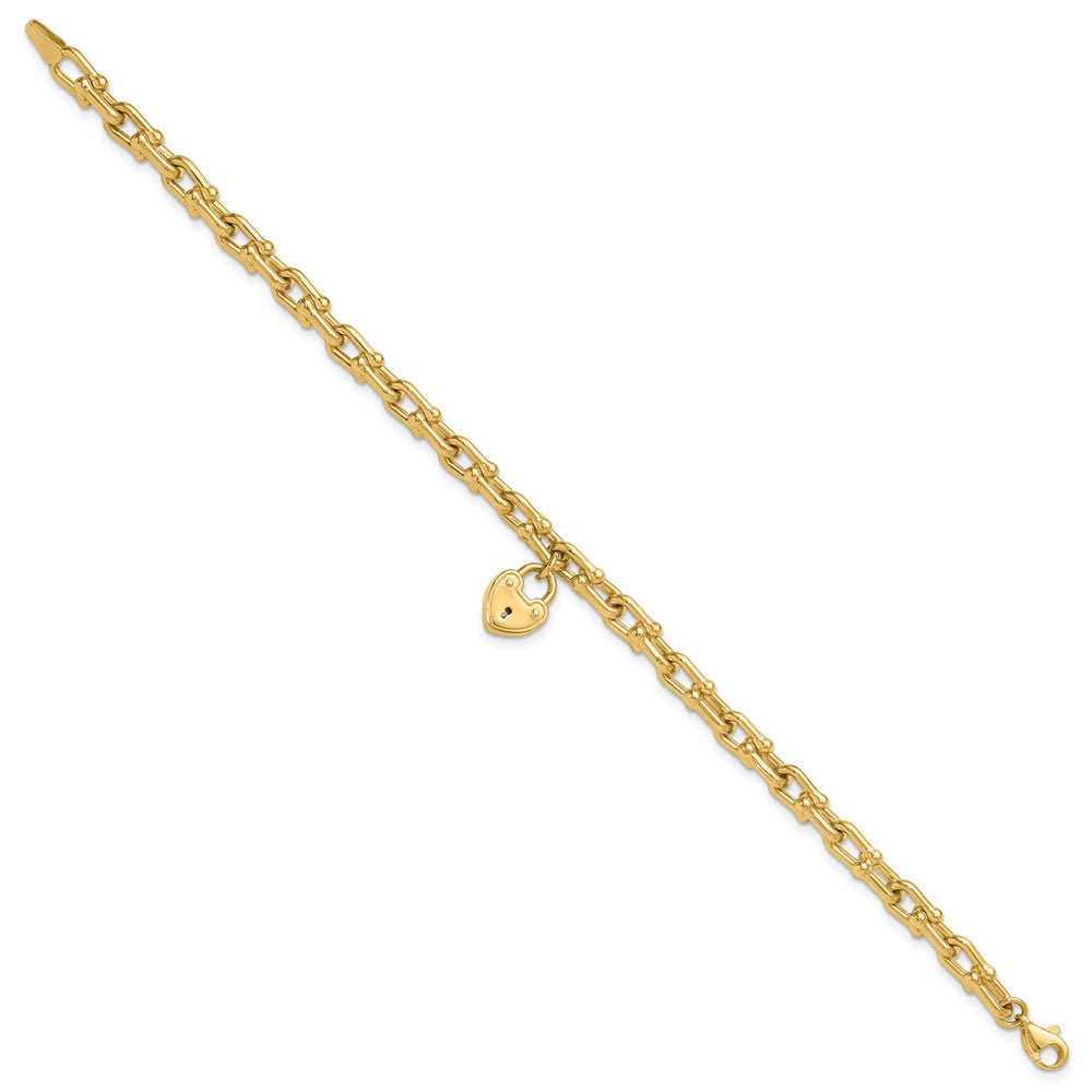 14k Yellow Gold 10.25 mm Polished Heart Lock Charm Link Bracelet (8.74 grams)