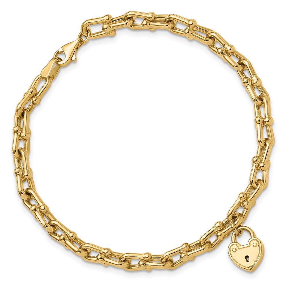 14k Yellow Gold 10.25 mm Polished Heart Lock Charm Link Bracelet (8.74 grams)