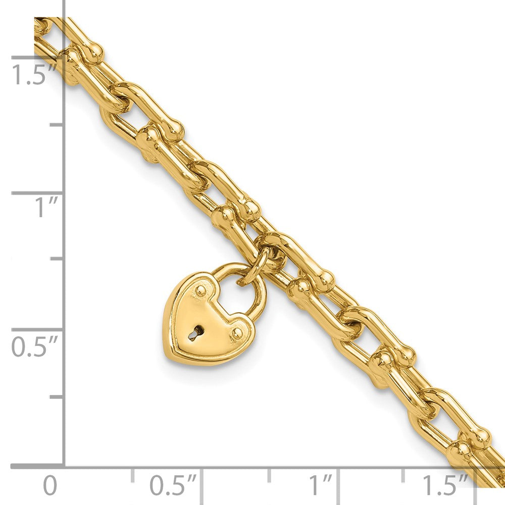 14k Yellow Gold 10.25 mm Polished Heart Lock Charm Link Bracelet (8.74 grams)