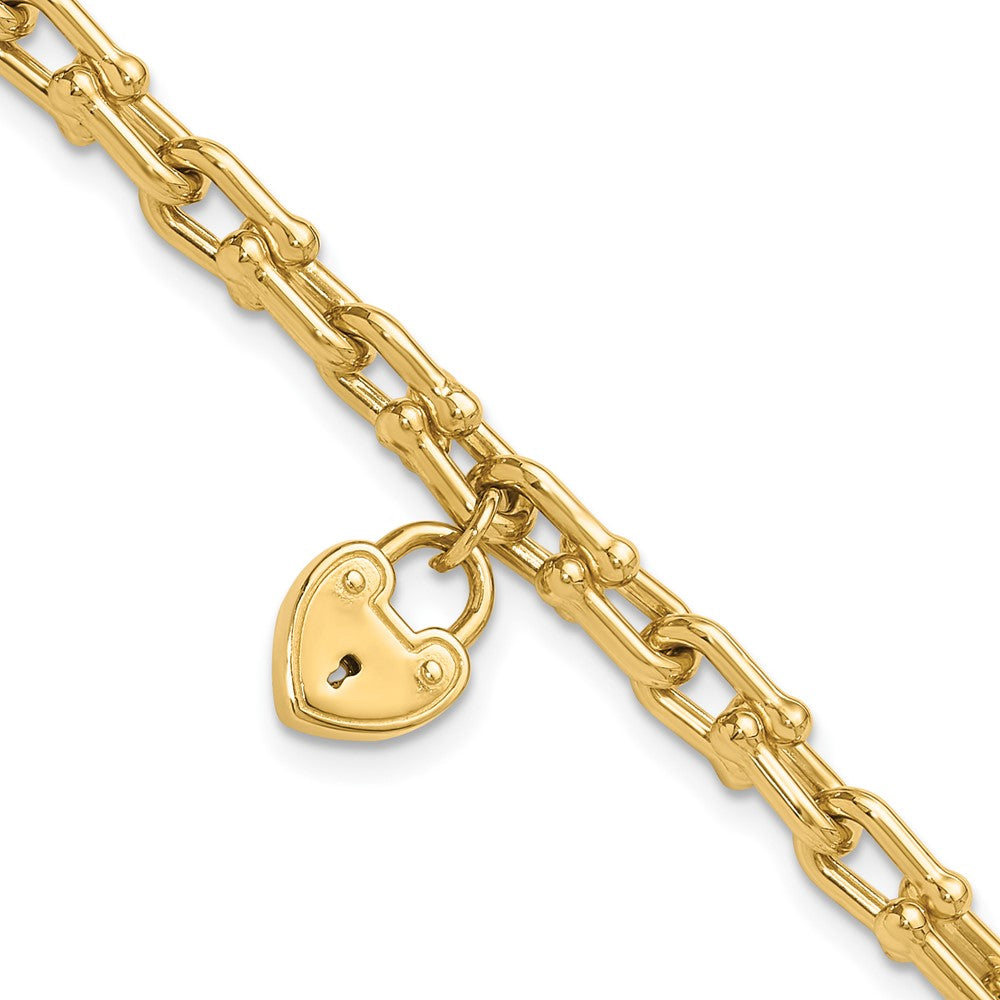 14k Yellow Gold 10.25 mm Polished Heart Lock Charm Link Bracelet (8.74 grams)