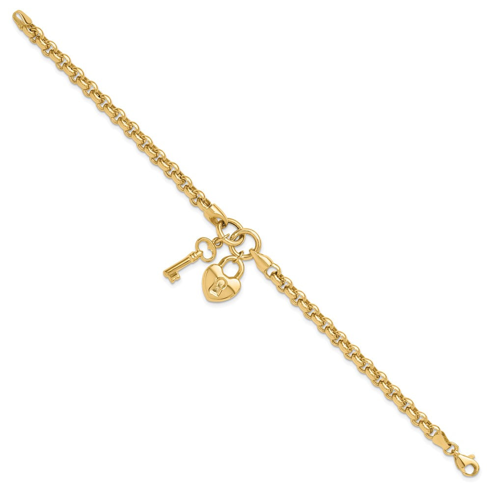 14k Yellow Gold 21.5 mm Polished Heart Lock and Key Bracelet (8.12 grams)