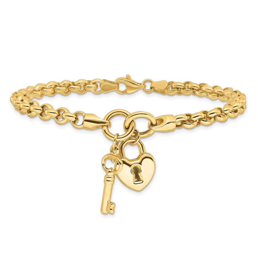 14k Yellow Gold 21.5 mm Polished Heart Lock and Key Bracelet (8.12 grams)