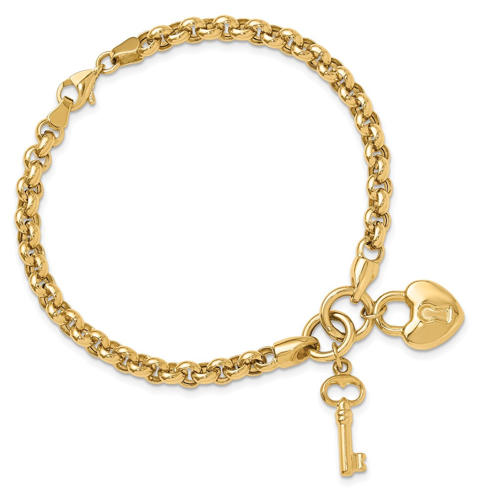 14k Yellow Gold 21.5 mm Polished Heart Lock and Key Bracelet (8.12 grams)