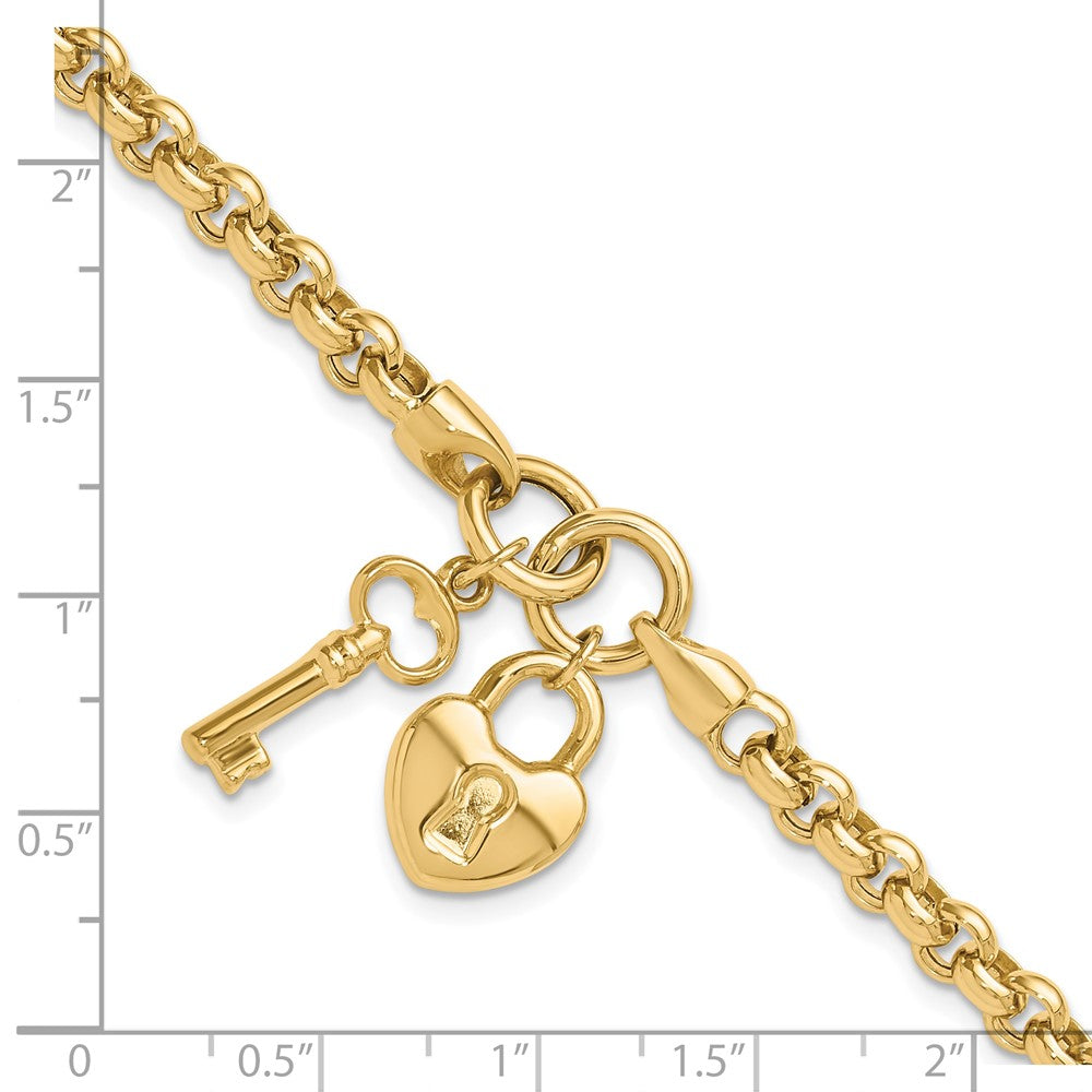 14k Yellow Gold 21.5 mm Polished Heart Lock and Key Bracelet (8.12 grams)