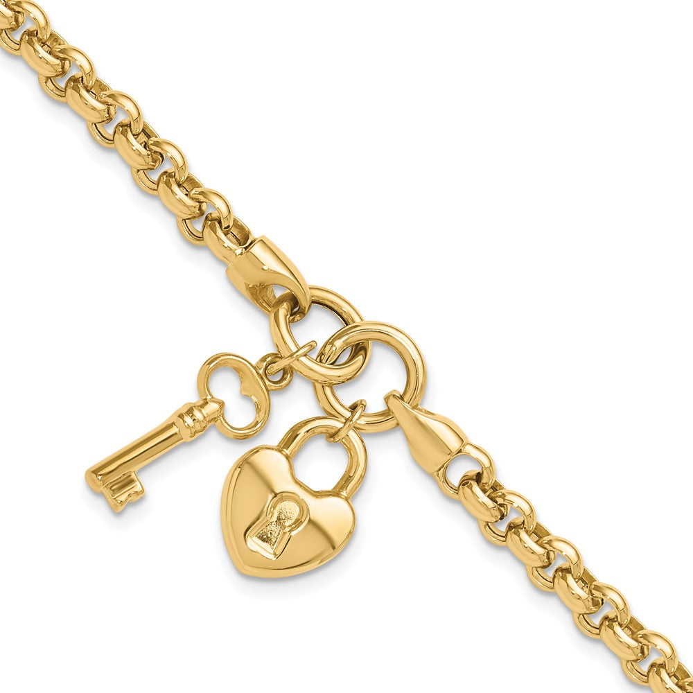 14k Yellow Gold 21.5 mm Polished Heart Lock and Key Bracelet (8.12 grams)