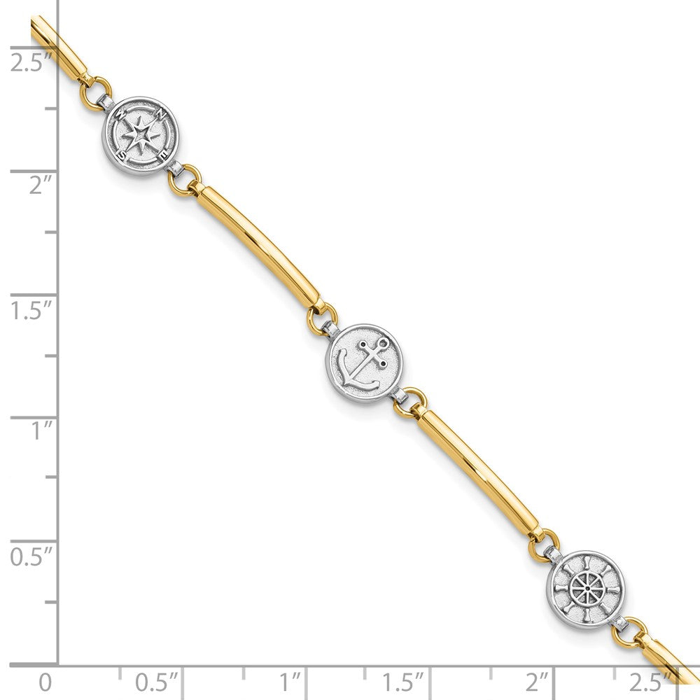 14k Two-tone 8 mm Polished Compass and Anchor w/ 1in ext. Bracelet (4.4 grams)