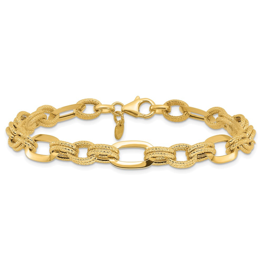 14k Yellow Gold 7.8 mm Polished and Textured Fancy Link Bracelet