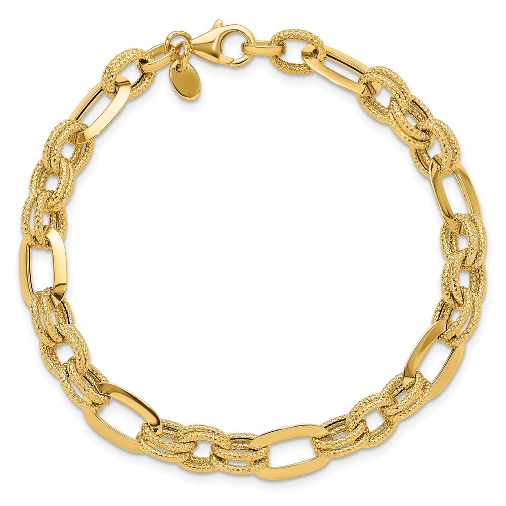 14k Yellow Gold 7.8 mm Polished and Textured Fancy Link Bracelet