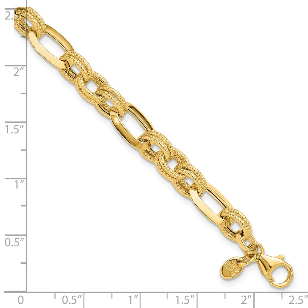 14k Yellow Gold 7.8 mm Polished and Textured Fancy Link Bracelet