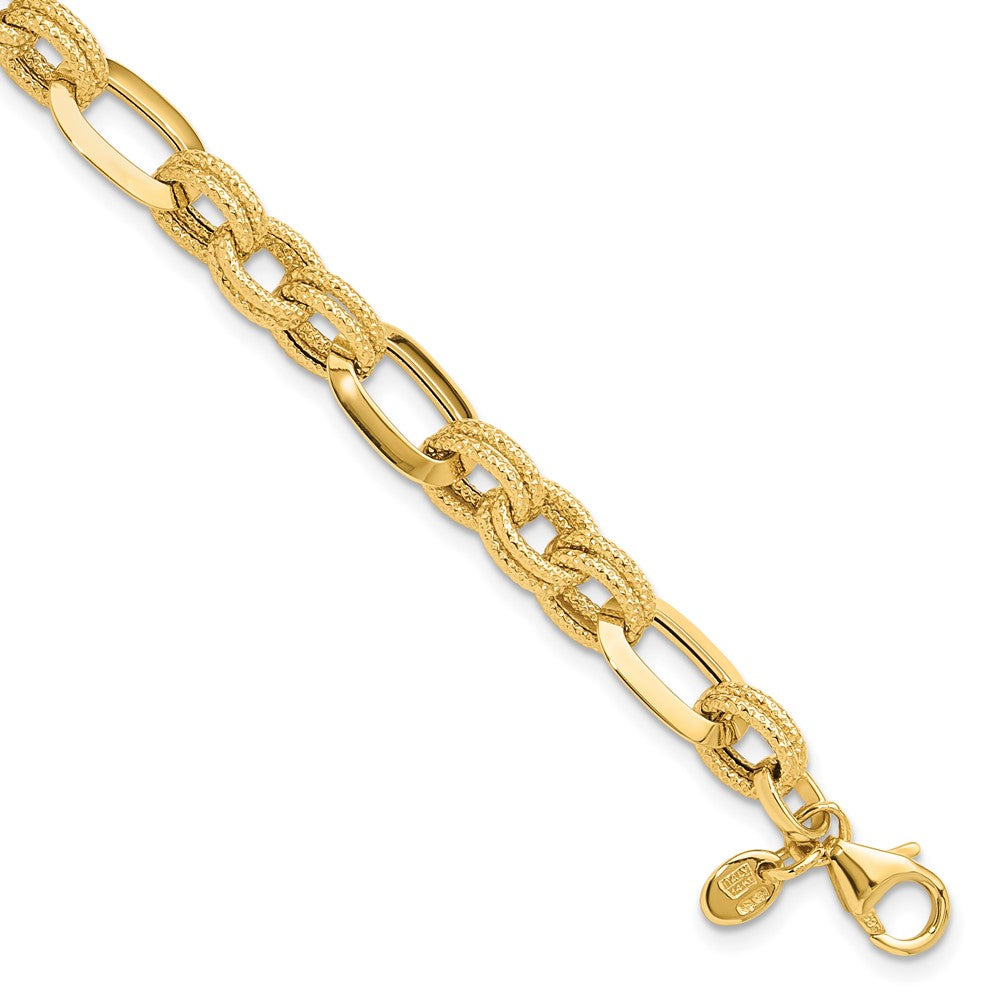 14k Yellow Gold 7.8 mm Polished and Textured Fancy Link Bracelet